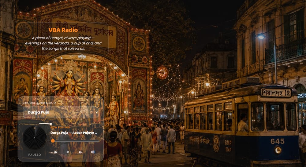 VBA Radio — Durga Puja mood, background and player