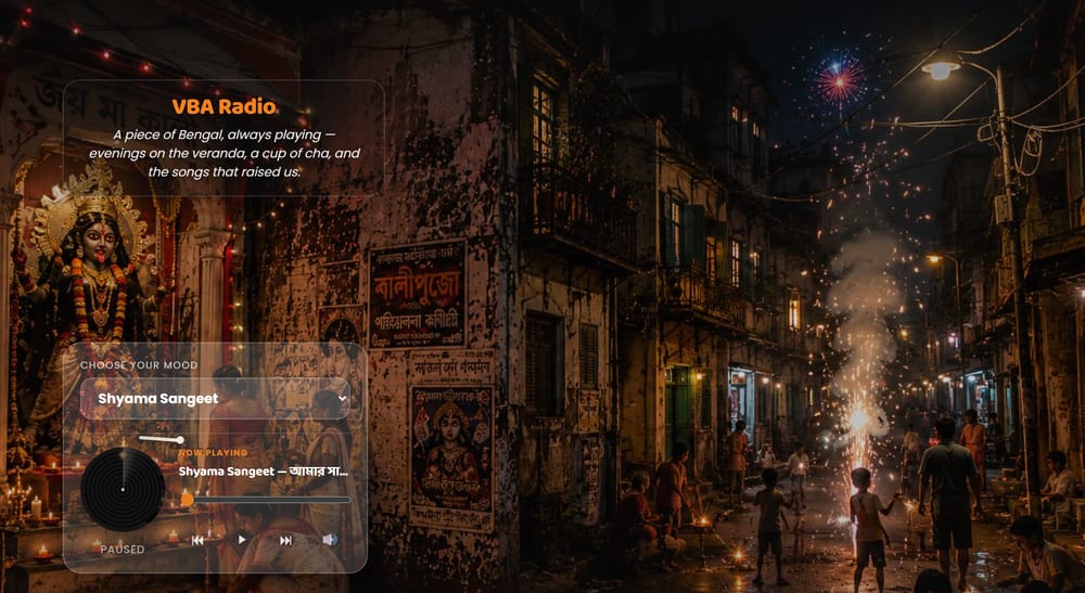 VBA Radio — Shyama Sangeet mood, background and player
